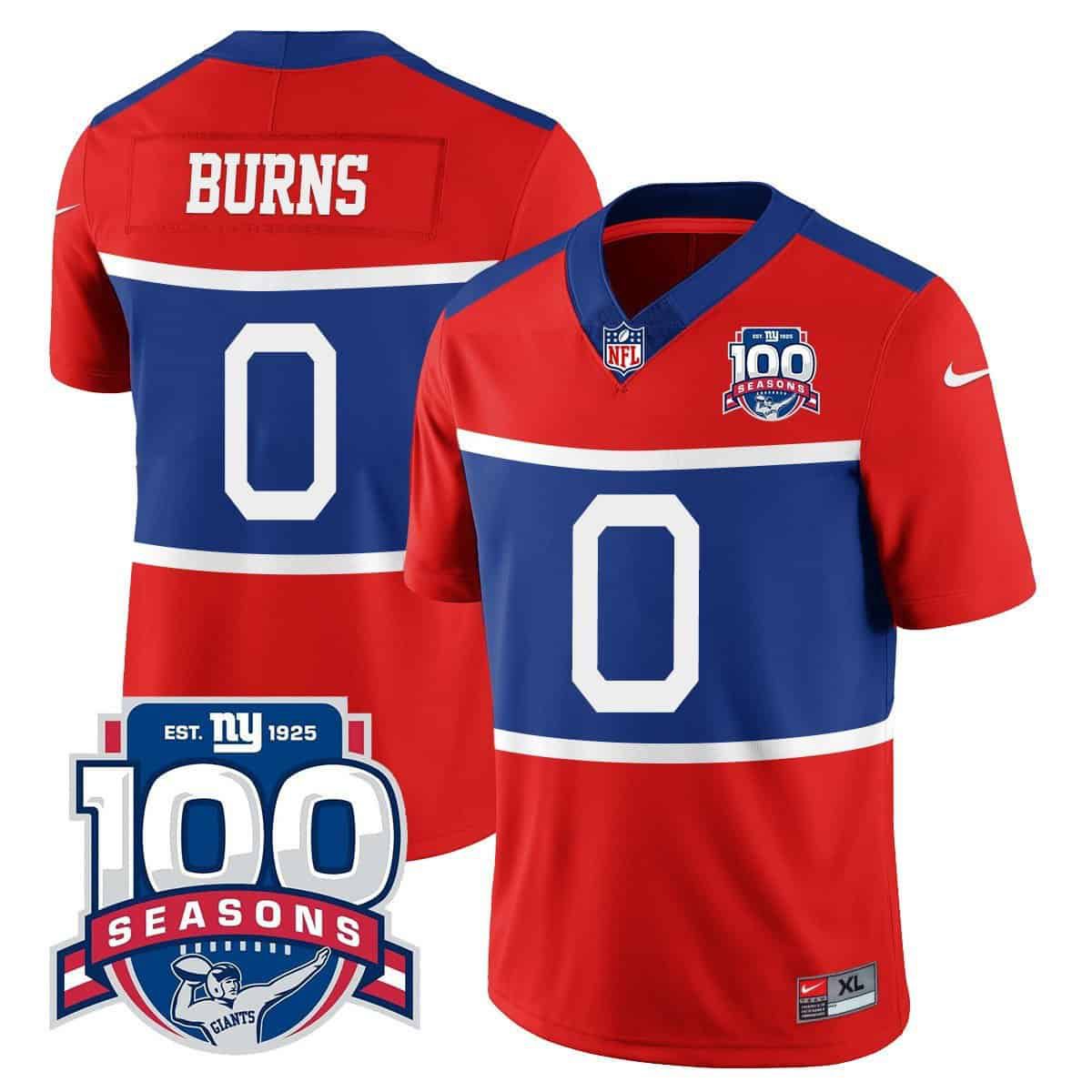 Men New York Giants #0 Burns 2024 Nike Century Red 100TH Season Commemorative Vapor NFL Jersey